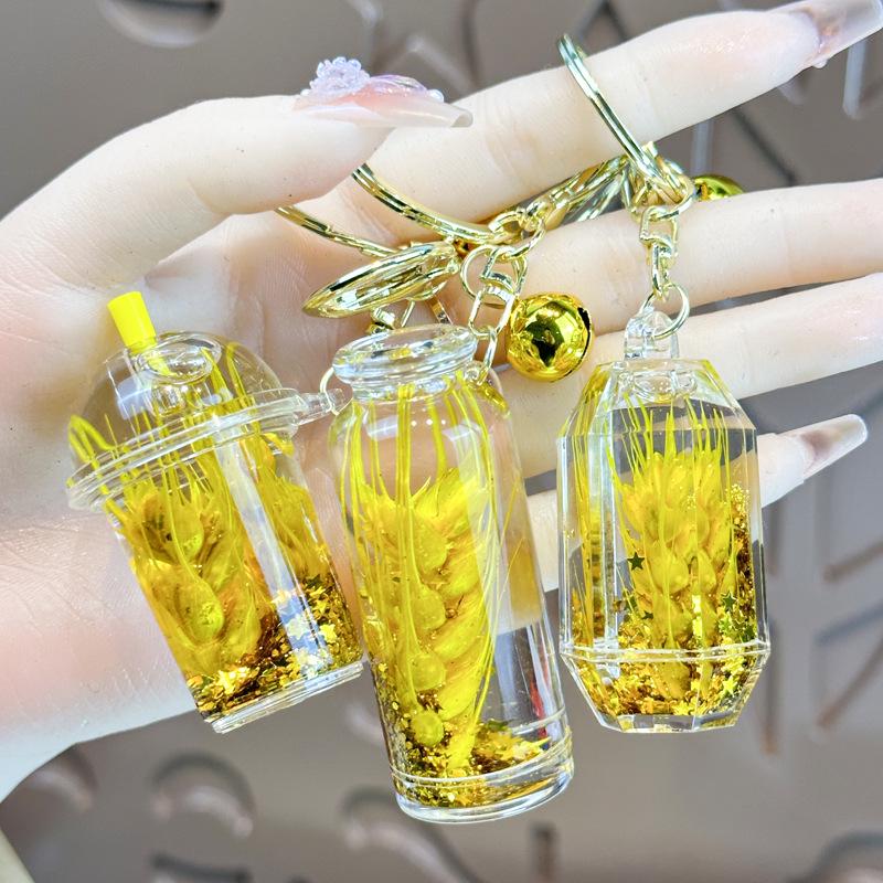Gold Wheat Ear Oil-Filled Acrylic Keychain Quicksand Pendant for Bags and Cars