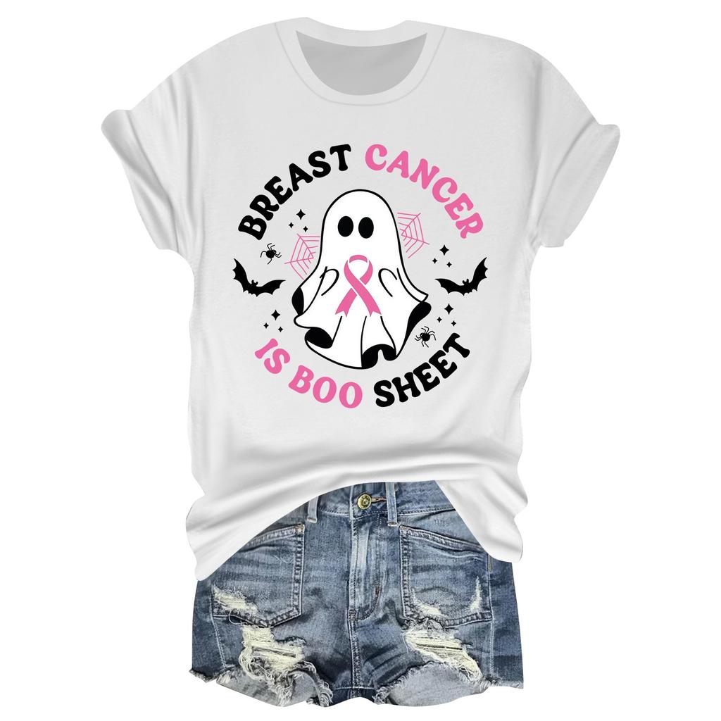 Women's Casual Halloween Breast Print T-Shirt Round Neck Pullover Short Sleeve Top