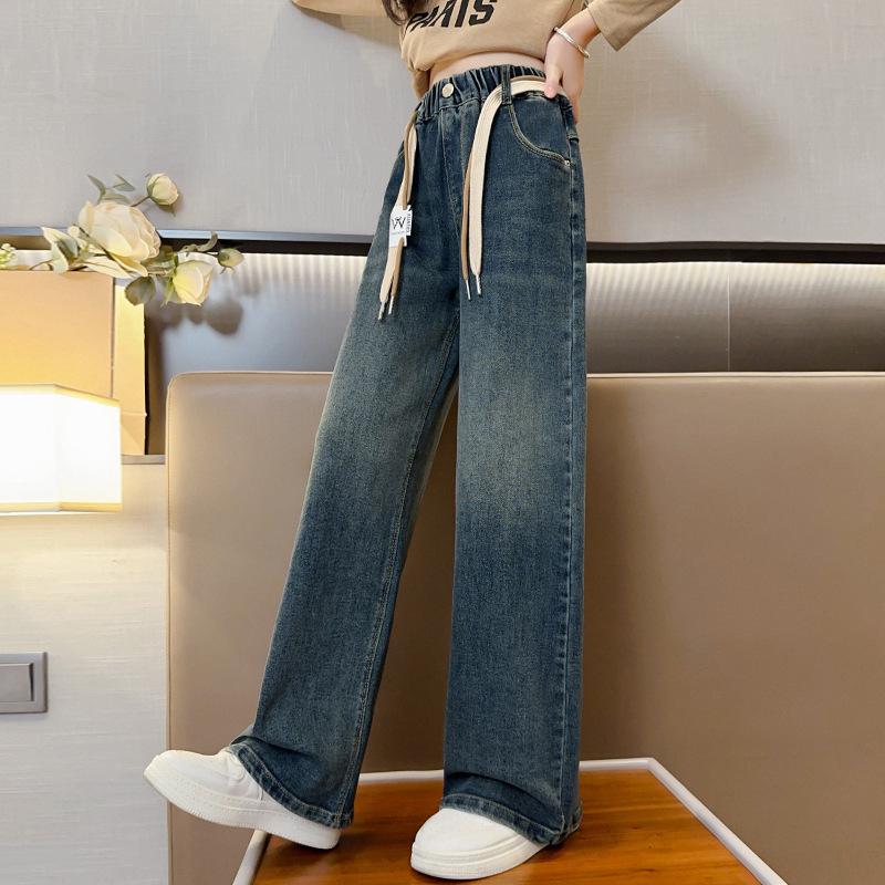 Dívčí rovné nohavice široké nohavice džíny na jaro a podzim dětské dívčí kalhoty dlouhé kalhoty