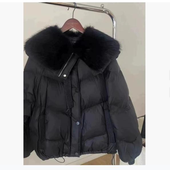 

Куртка с большим меховым воротником, короткая пуховая куртка, женская зимняя куртка с кулиской M чёрный