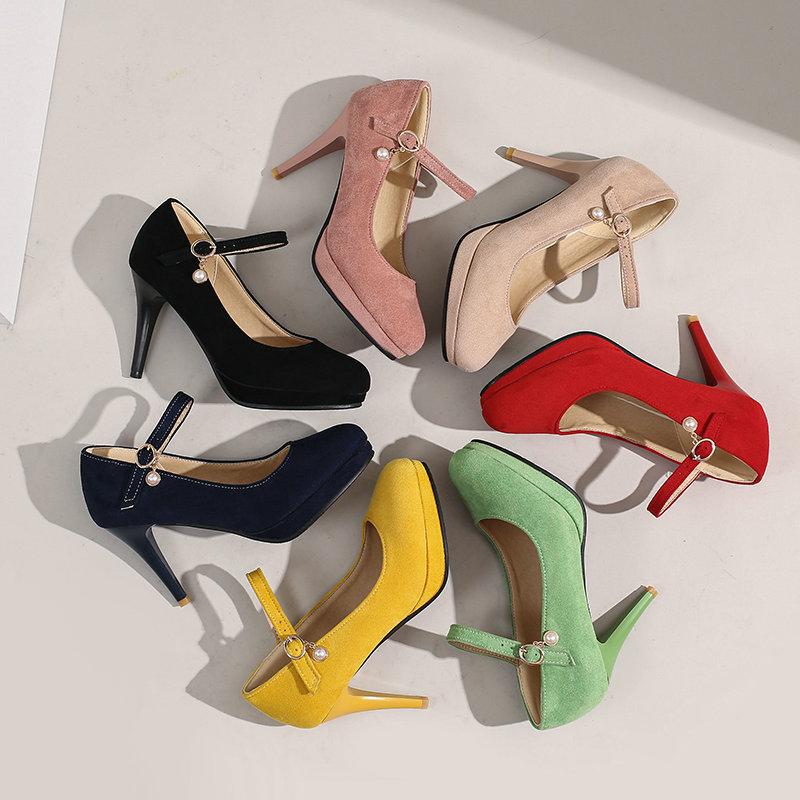 Plus Size 33-43 Brand Women's Pumps Ladies Platform Mary Janes Pumps Fashion Suede Thin High Heels Party Vintage Woman Shoes