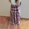 Women's Plaid Print Patchwork Elastic Waist Loose Casual Long Skirt