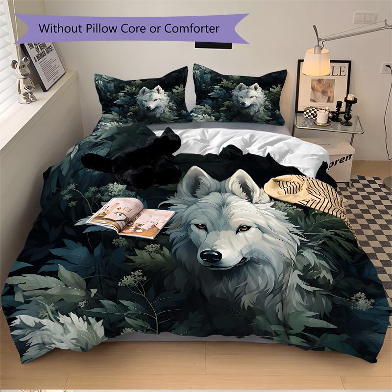 3pcs White Wolf in the Enchanted Forest Print Cover Set Ultra Soft, Breathable, and Comfortable Bedding with Stylish Design for Bedroom and Guest