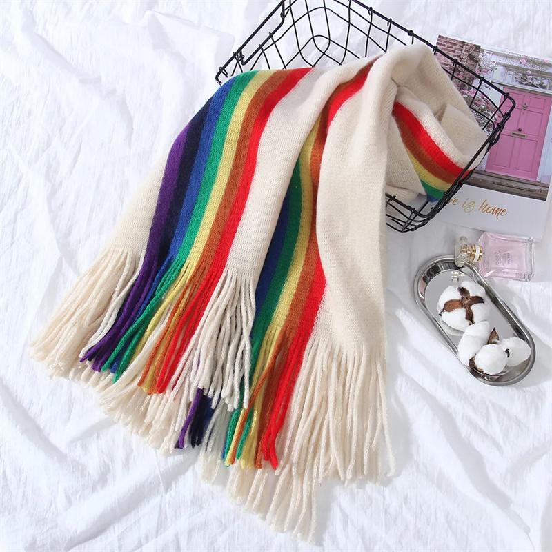 Winter Warm Scarf Women Knitted Thicken Shawls Cashmere Tassels Rainbow Stripes Designer Wrap Pashmina Fashion Lady Female