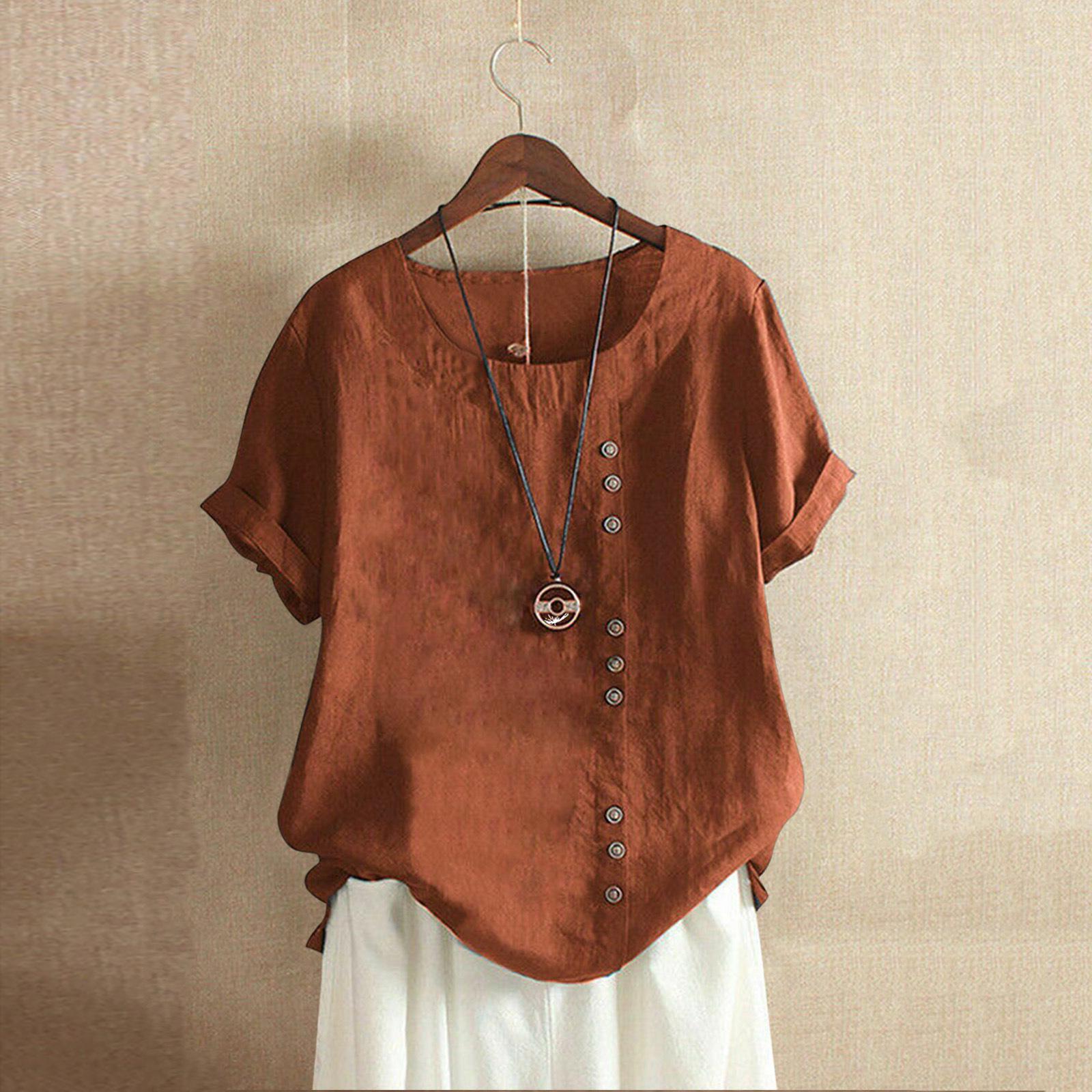 

2024 Women s European & American Fashion Short Sleeve Casual Cotton Linen Top with Button Detail Large