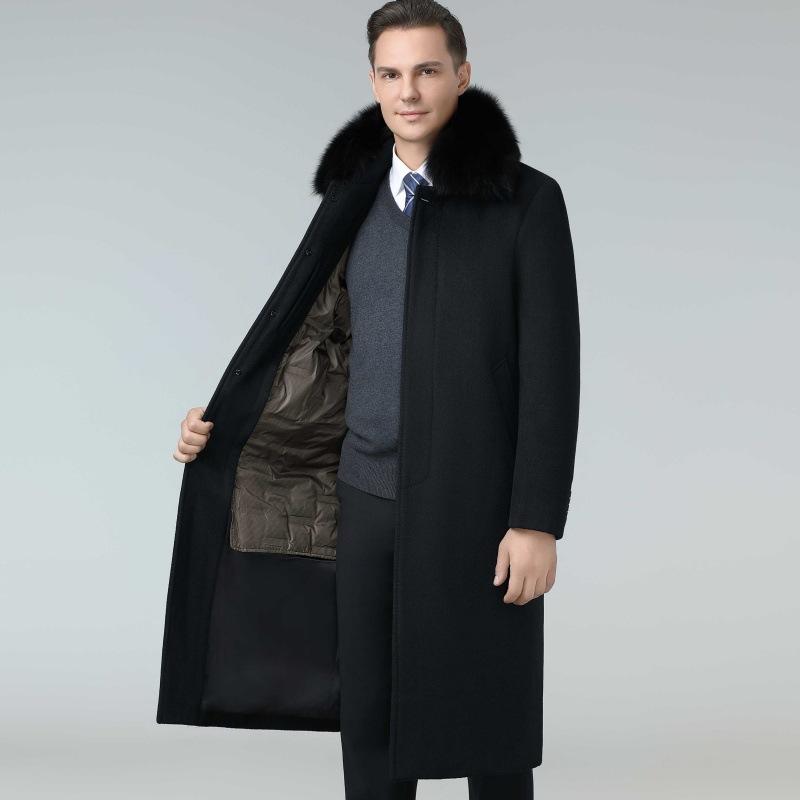 Cashmere Coat Men's Long Over-the-knee Daddy Woolen Woolen Coat Middle-aged Thickened Removable Down Liner Windbreaker