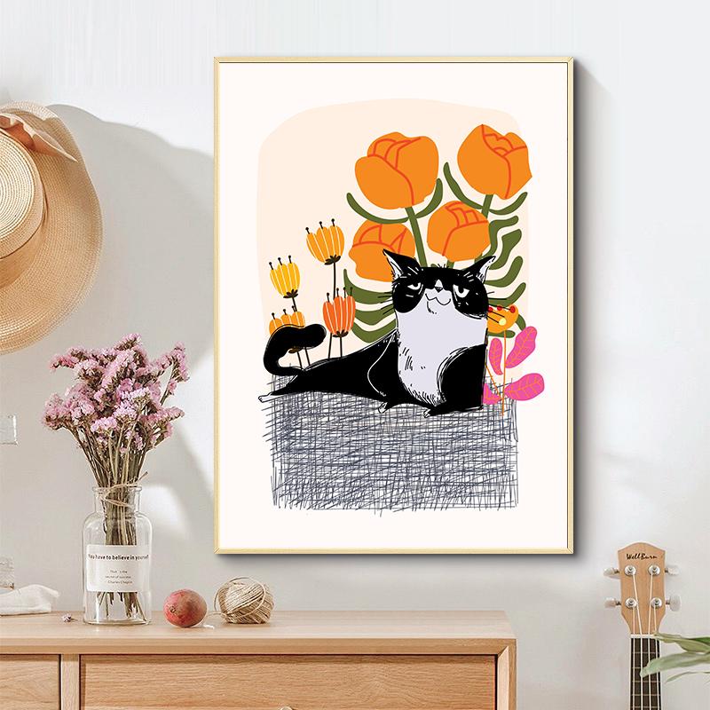 Canvas Painting Cute Black Cat with Flowers Wall Art Animal Poster Flower Print for Living Room Home Decor Unframed