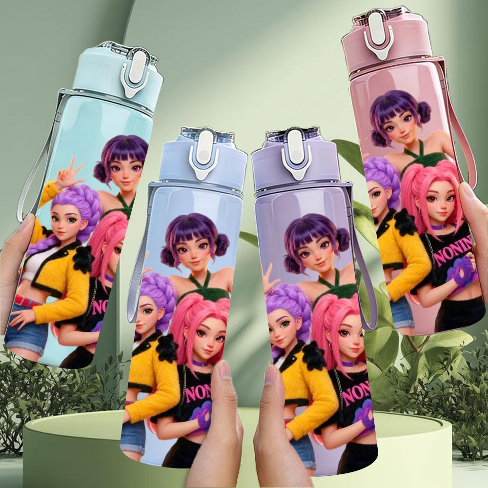 1PC Color Punk Girls Group Portrait 750ml Color Plastic Sports Water Bottle Leakproof Flip Straw Lid Suitable for Sports Office Home Use