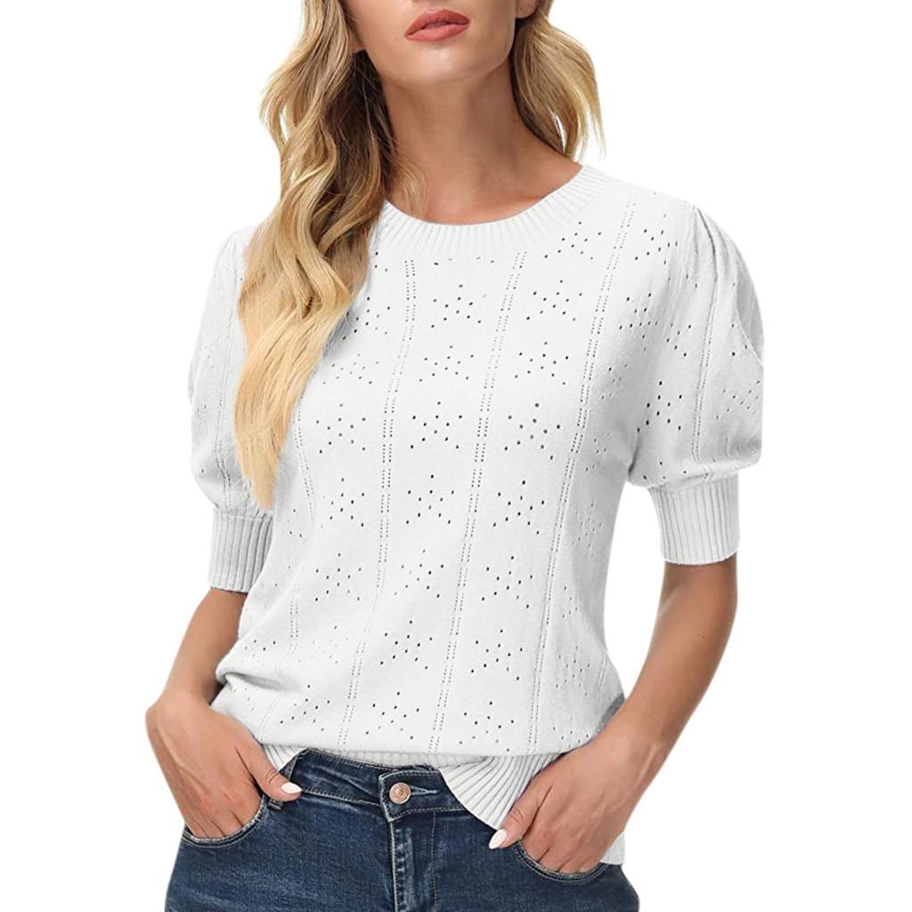 

Женская мода с круглым вырезом, однотонный вязаный свитер с короткими рукавами и полыми рукавами M белый