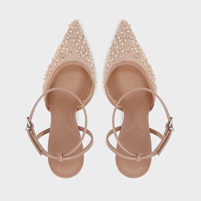 Sandalias de Mula con Tacón Decoración de Cuentas de Hilo Bling de Malla para Mujer Punta Fina Sexy Correa al Tobillo Tacones Altos Zapato Elegante para Fiesta