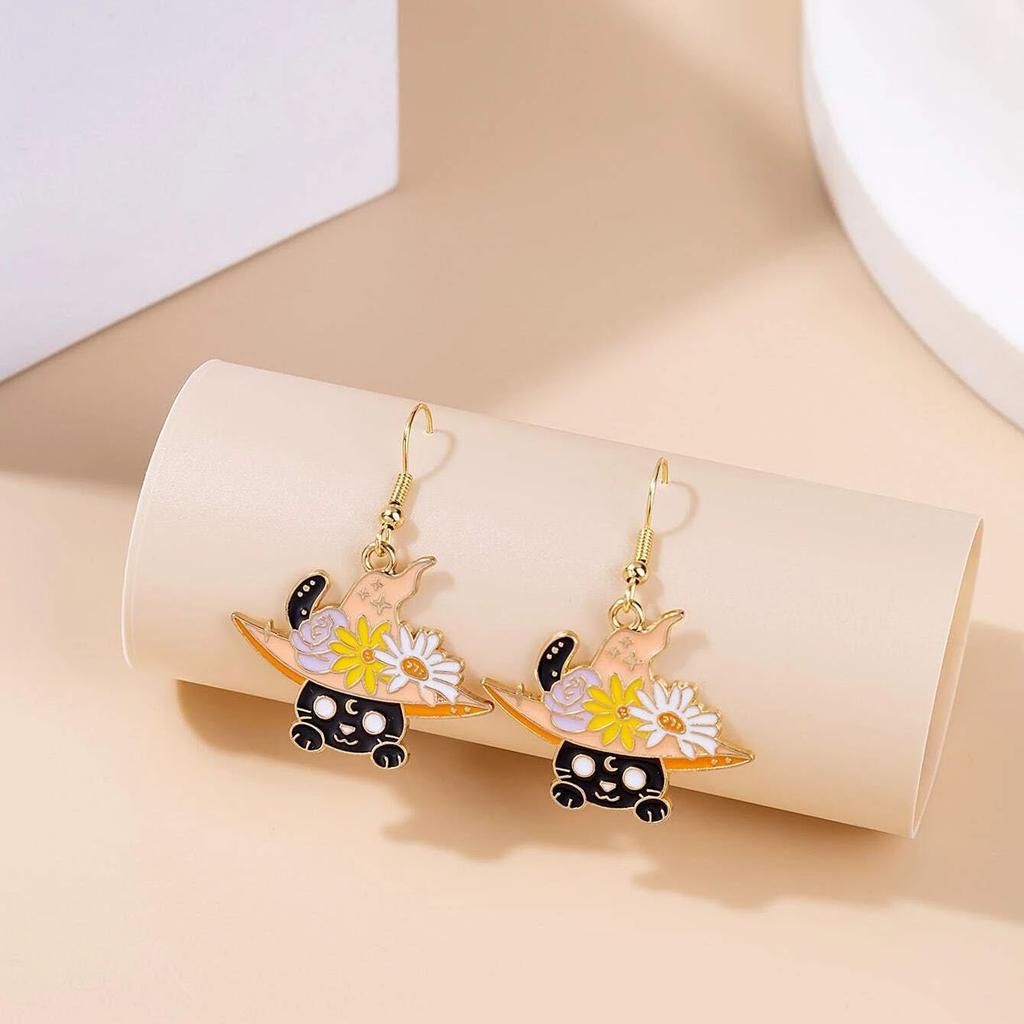 DIY New Animal Series Paint Earrings, Creative Cartoon Magic Hat Cat Alloy Earrings E8111