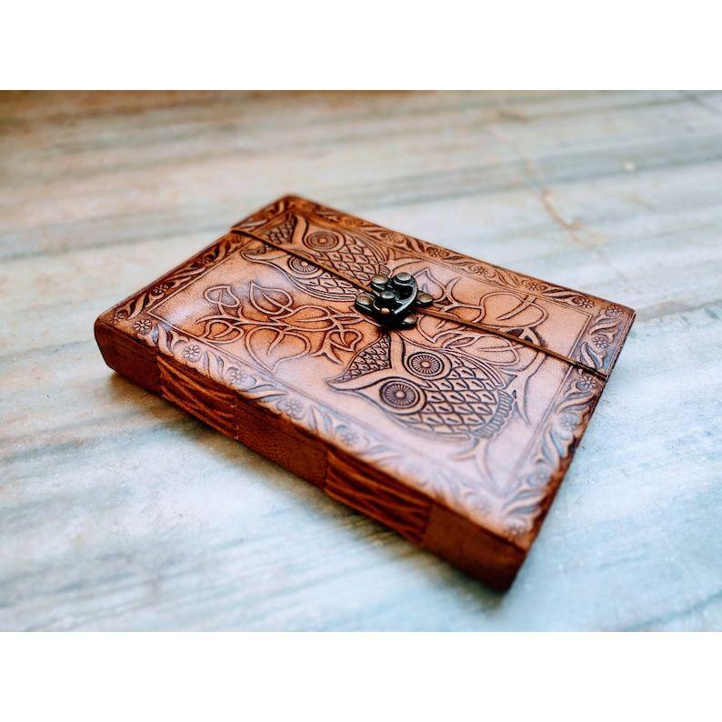 Owl Embossed Leather Bound Journal With Lock, Handmade Leather Notebook Unlined Journal Travel Diary Medium Size Locked Journal Fancy Diary