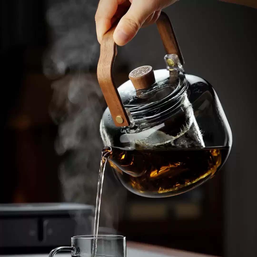 Glass Teapot with Walnut Wood Handle Borosilicate Stovetop Kettle for Blooming & Boiling Tea Ceramic Electric Tea Maker Pot