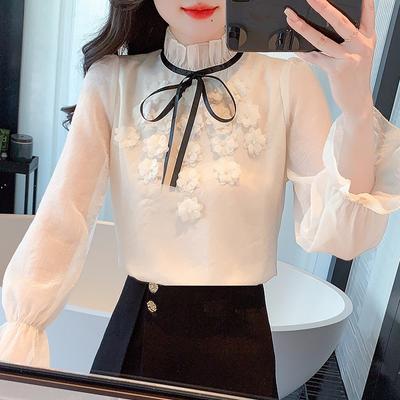 Mode Automne Nouveau 2024 Décontracté Manches Longues Col Volanté Appliqué Lacé Chemisier Chiffon Chemise Hauts Chemisiers J450