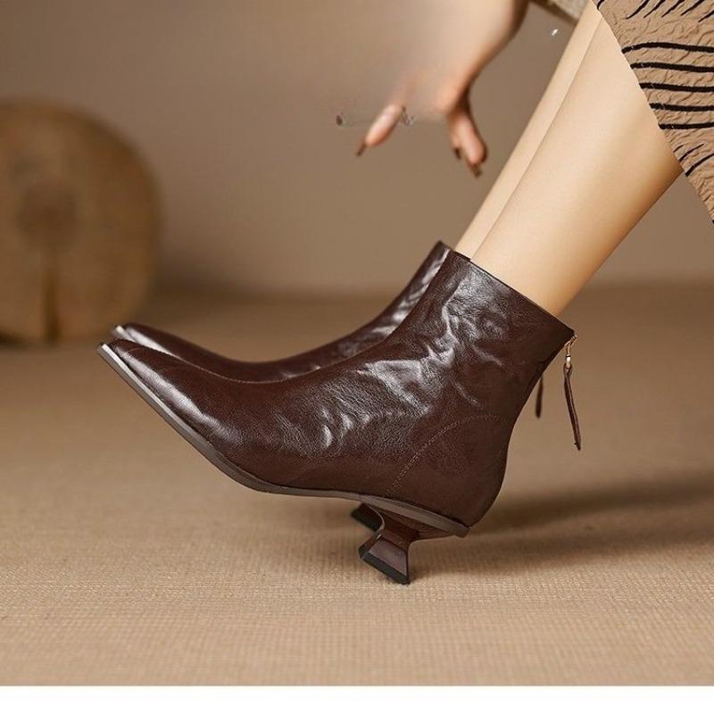 Winter Women Ankle Boots  Designer Vintage Pointed Toe Fashion Thick Heel Shoes Concise Short Botas De Mujer Short Boots