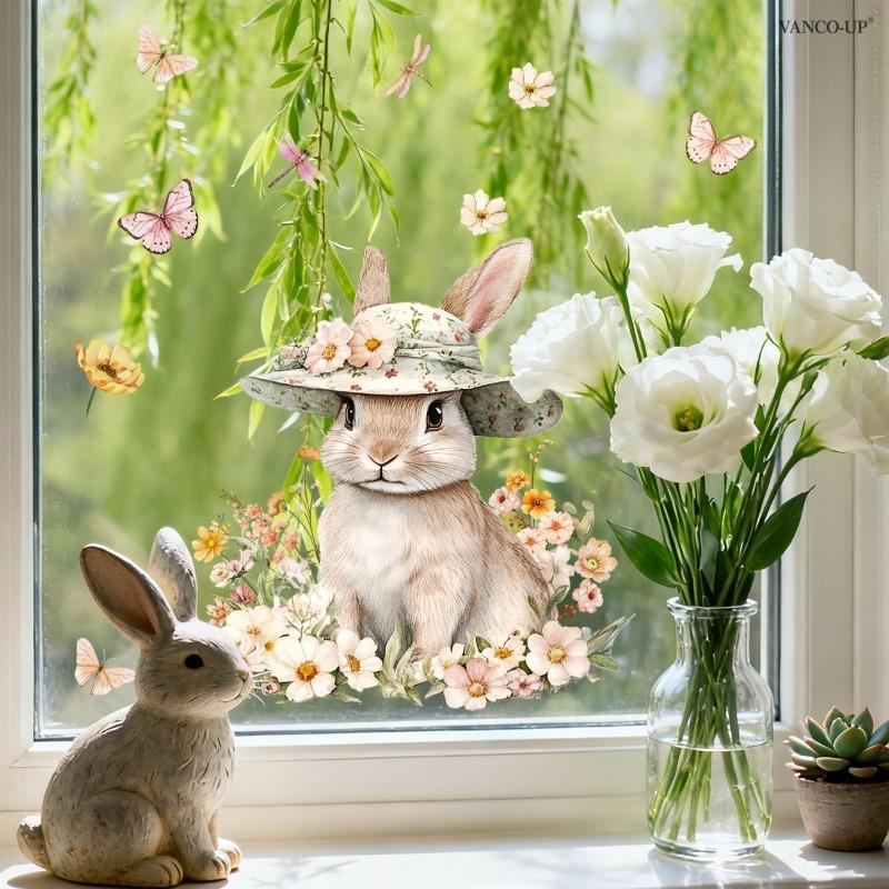 New Easter Flower Rabbit Sticker Self-Adhesive Waterproof Wall Stickers PVC Removable Wall Decal Window Decoration