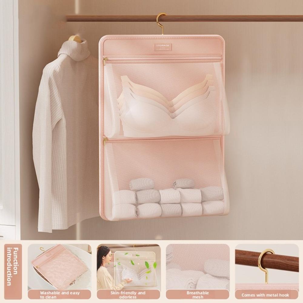 Breathable Multi-layer Socks Hanging Bag Foldable Mesh Storage Bag Socks Storage Organizer  Travel Pink Double Layer