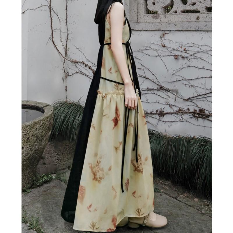 Johnature Woman Summer Chinese Style Print Devise A-Line Dress Niche Casual Vintage Sleeveless Dress