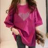 Women Plus Size Cotton T-Shirt Summer Short Sleeve Heart Print Mid-Long Loose Casual Pullover Top For 200lbs