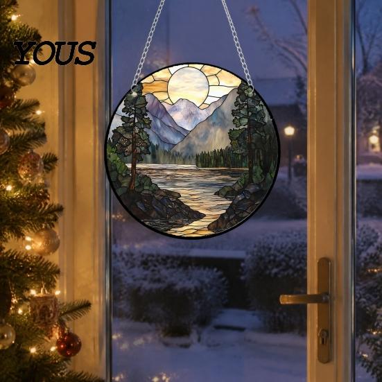 Retro Style Suncatcher Acrylic Scenery/Bird Hanging Ornament, Stained Glass Pendant, Double Sided Indoor Christmas Wall Decor Decoration with