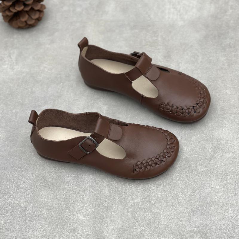 

Johnature Genuine Leather Flats Retro Round Toe Soft Soles Solid Color Casual Comfortable Women s Shoes 40 кавовий