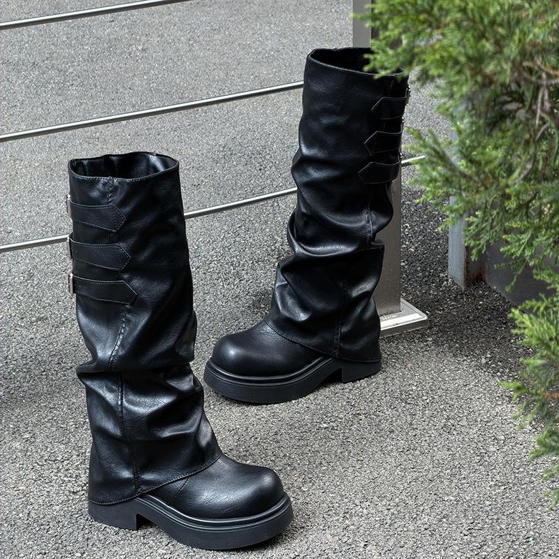 Pleated Boots Pants Tube Versatile Knee Belt Buckle Pile Boots Skinny Black But Big Head Muffin Thick Sole Knight Boots