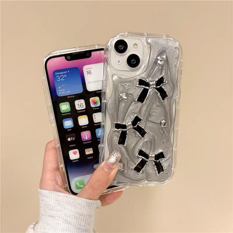 Cream Ins Style Glitter Mobile Phone Case for IPhone17Pro Rhinestone Bow for Apple 16 Anti-fall Female Model 15