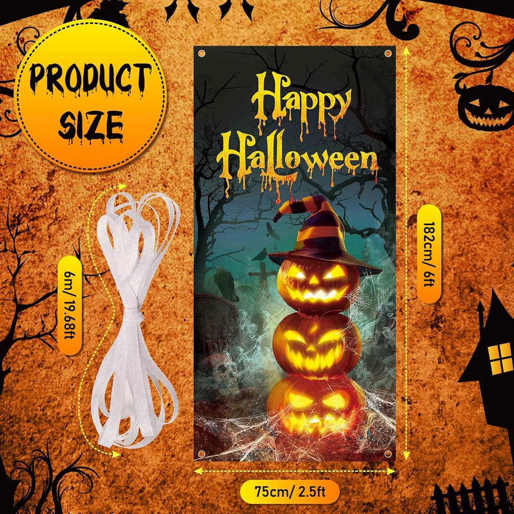 Door Cover Fabric Pumpkin Wearing Witch Hat Door Decoration for Halloween Party Decoration Front Porch Outdoor Window Wall Decor
