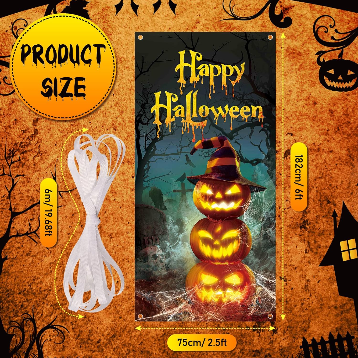 

Дверное покрывало из ткани Тыква в шляпе ведьмы Украшение двери для вечеринки на Хэллоуин Украшение крыльца Уличное оформление стены окна