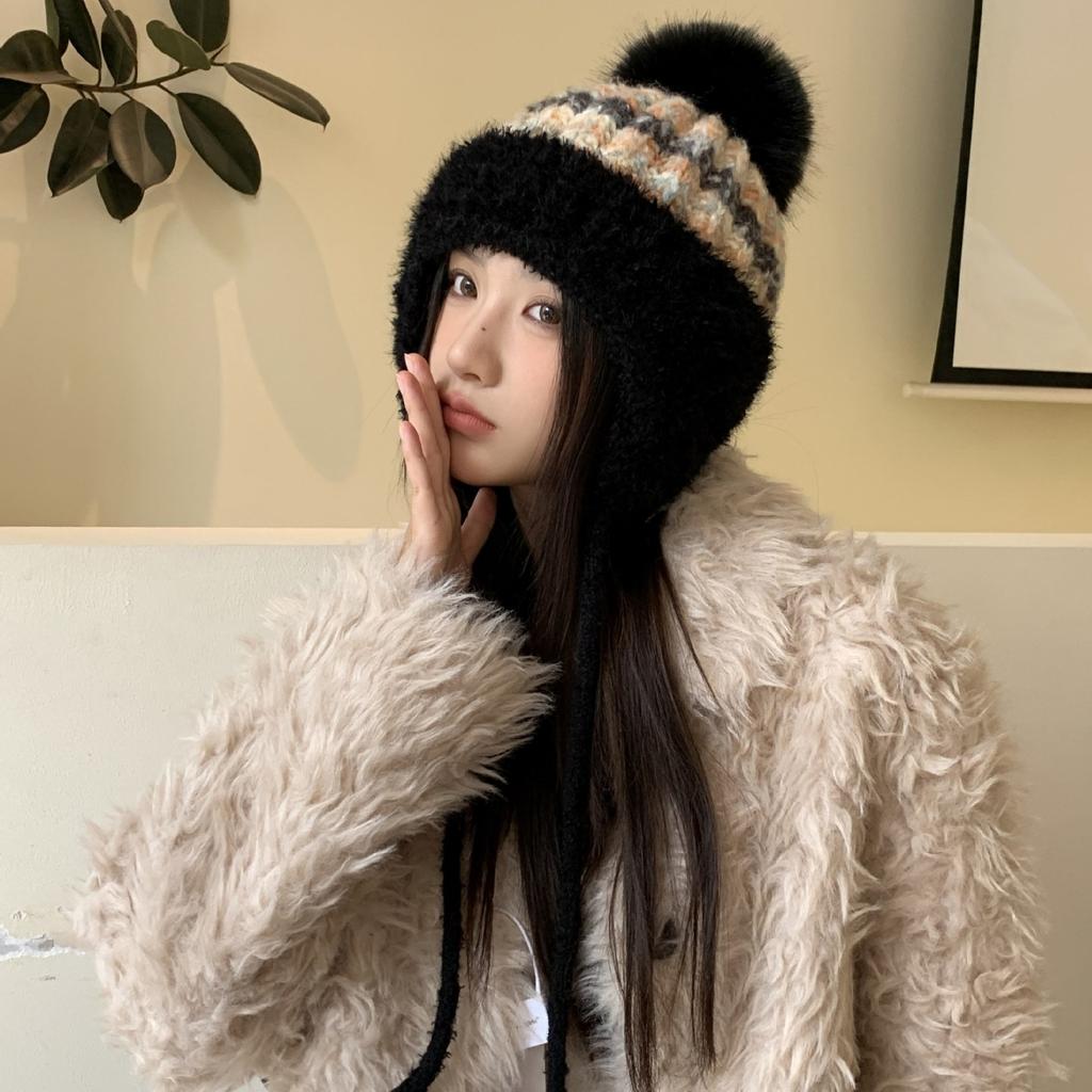 New Autumn and Winter Warm Plush Hat Knitted Hat Women's Fashion Ear Hat Windproof Hat
