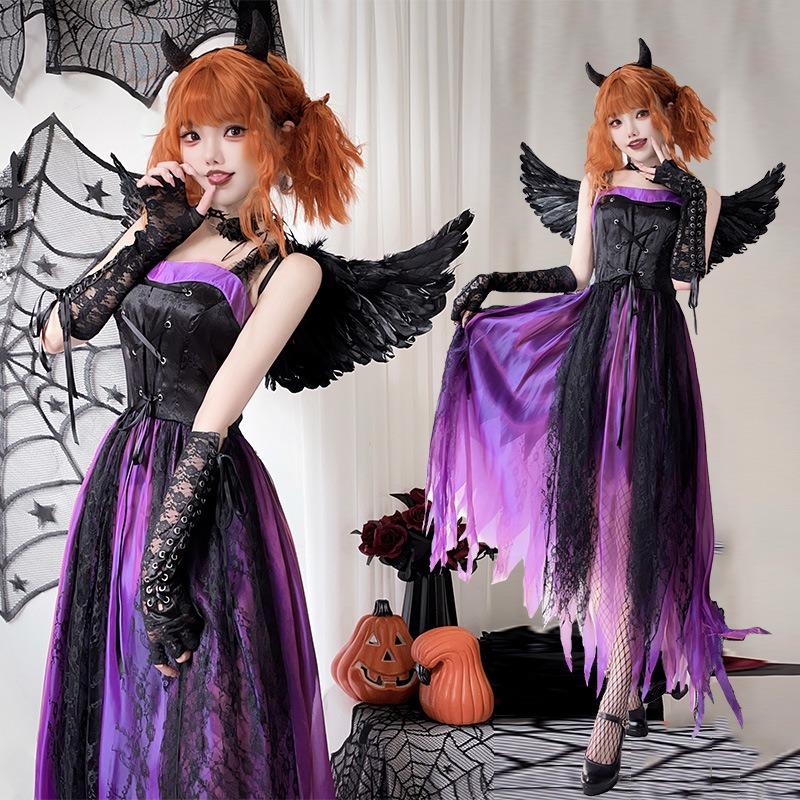 Halloween Adult Costume Wings Dark Angel Ghost Bride Vampire Queen Dress Purple Witch Dress