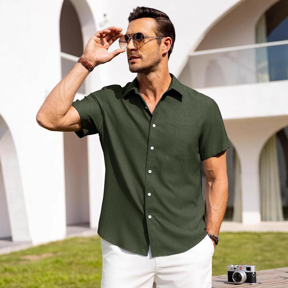 Alimens & Gentle Men's Linen Shirt Short Sleeve Button Up Shirt Wrinkle Free Casual Vacation Beach Summer