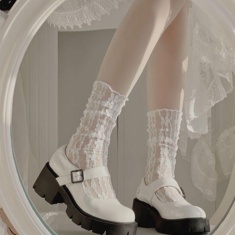 Womens Sheer Lace Ankle Socks With Floral Sweet Lolita Style Mesh Mid-Calf Stockings