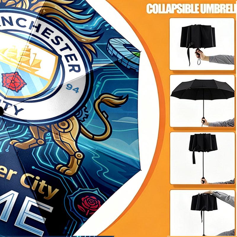 Custom Name Personalized Manchester City Print Umbrella, Auto Open Close, 8‑Rib Sturdy Frame, Commute Camping Hiking Use, Birthday Gift
