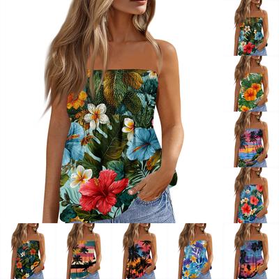 Women's Summer Fashion Strapless Top, Cute and Sexy Off-Shoulder Hawaiian Print Sleeveless T-Shirt