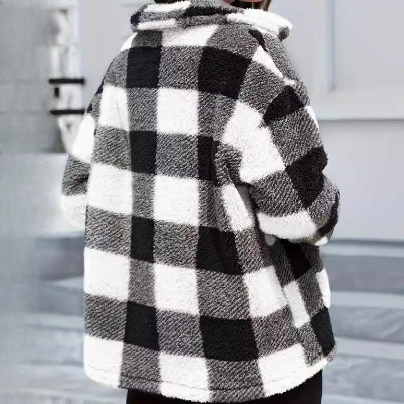 European American Women Checked Plush Coat Patch Pocket Versatile Long Sleeve Winter Fashion Casual Jacket