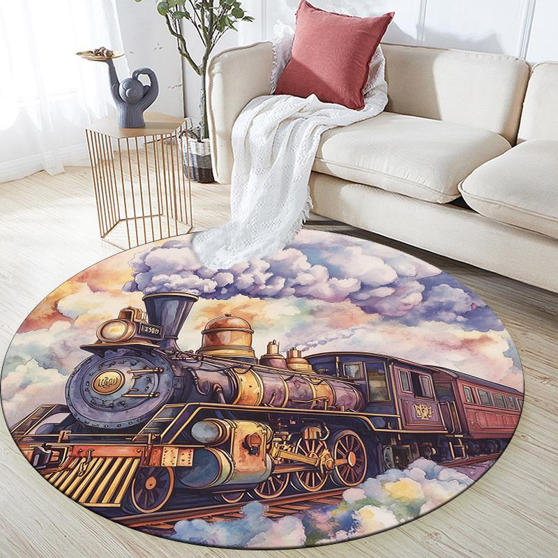 Steam Train,Round Area Rug,Carpet Rug for Living Room Bedroom Sofa Playroom Decor,Non-slip Floor Mat