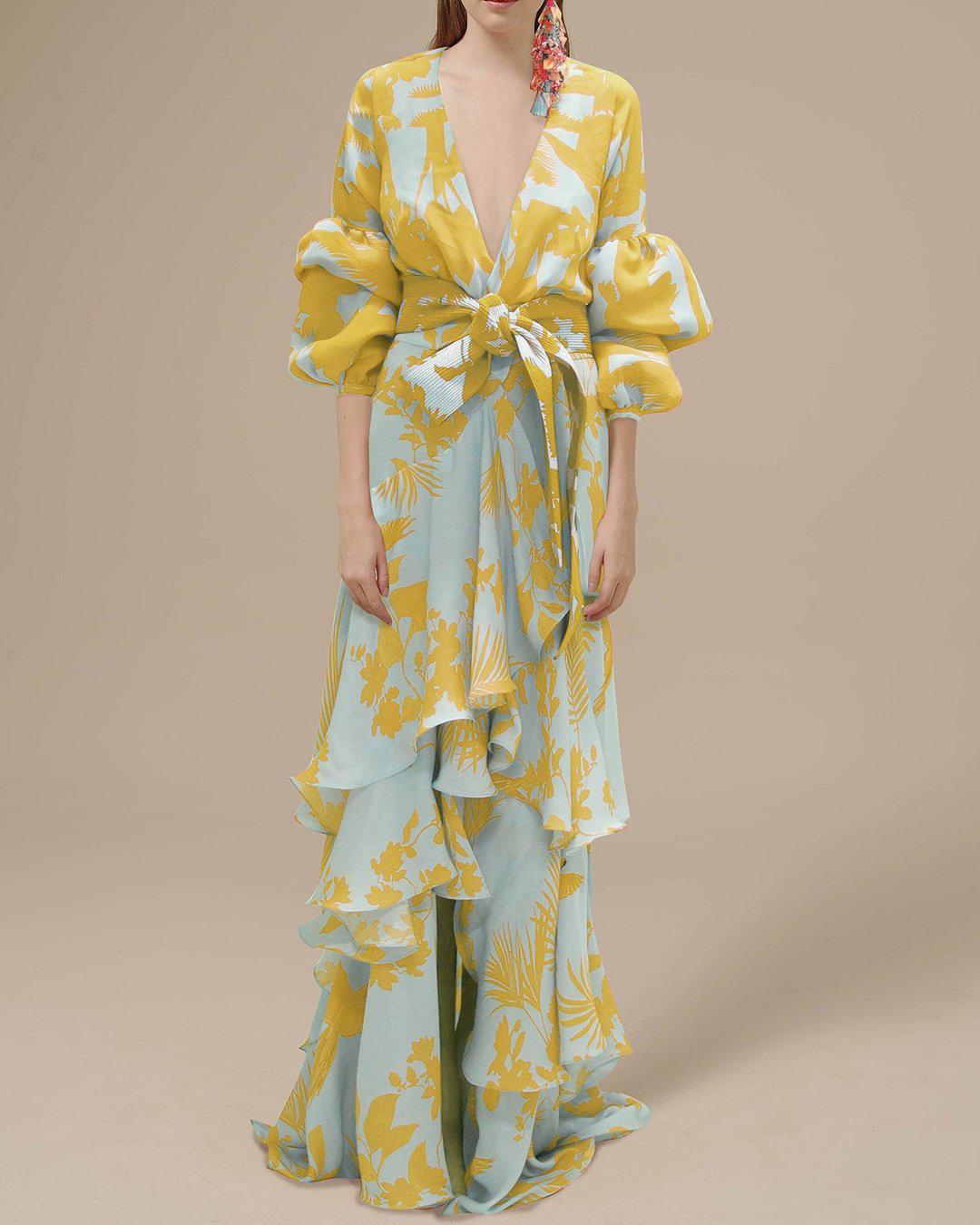 

Женское европейское и американское шифоновое платье с принтом, с высокой талией, летнее - неровный подол, стиль для отпуска, тренд для города S жёлтый