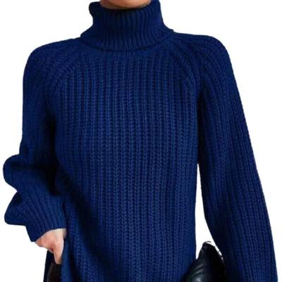 Herfst Winter Nieuwe Gebreide Trui met Hoge Hals Middellang Raglanmouw Hoge Omgeslagen Kraag Split Zacht Comfortabel Dameskleding