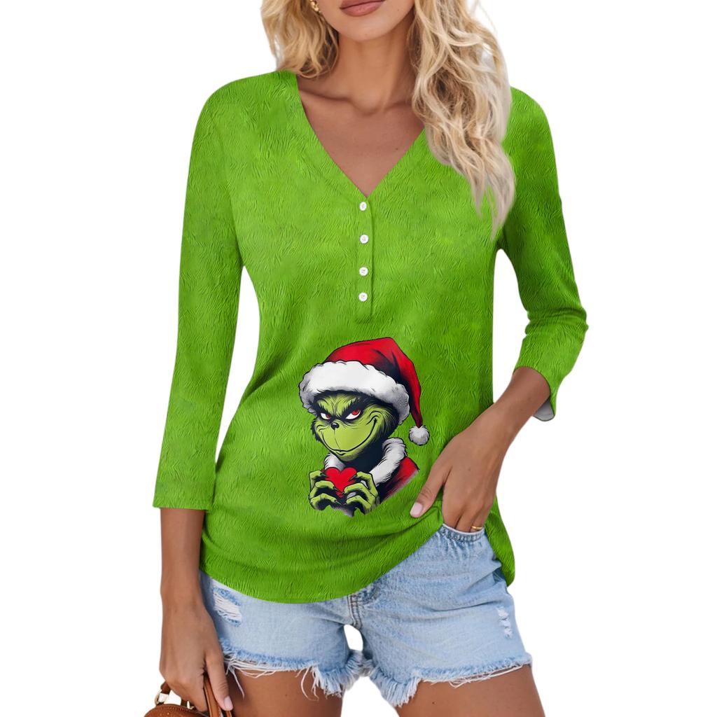 Women's Casual Fashion Sexy Comfortable Christmas Print V-Neck Button Three-quarter Sleeve Top