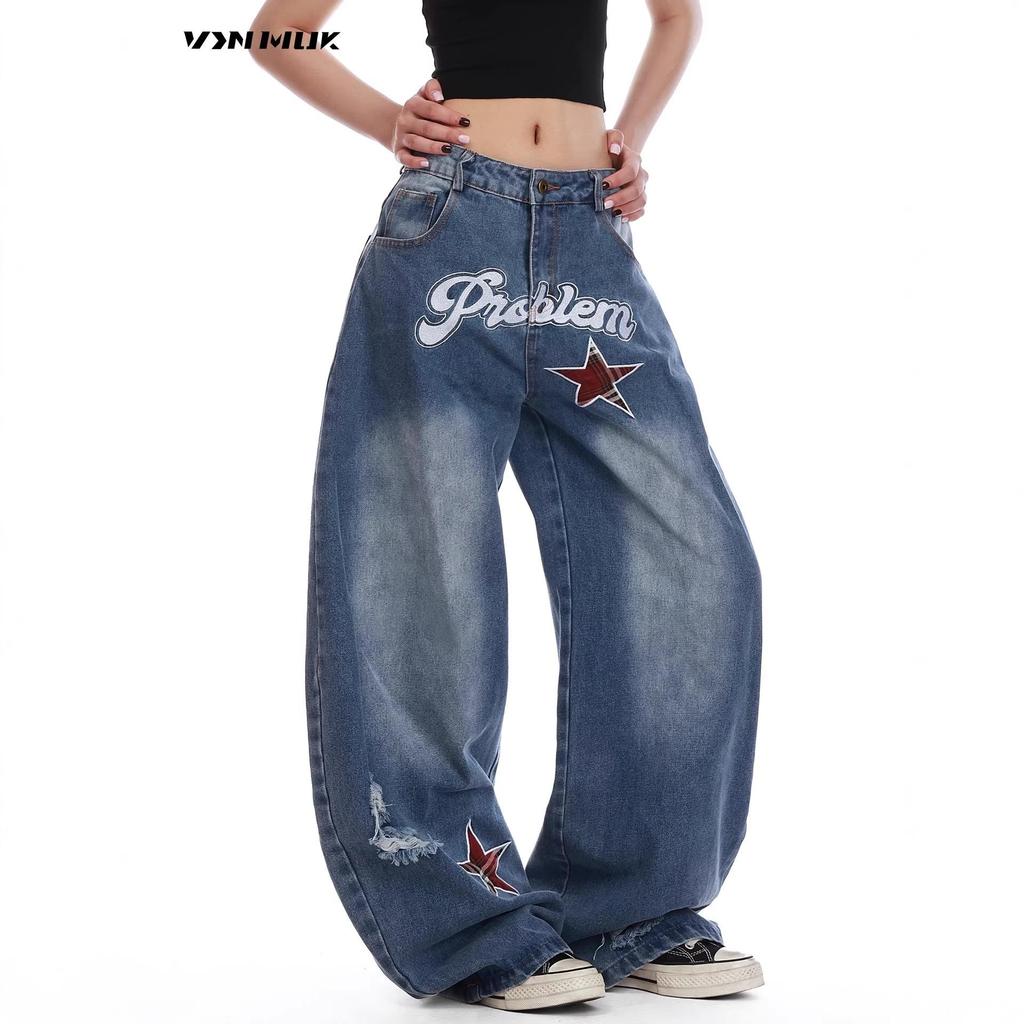 Women's American Retro Star Embroidered Loose Jeans - Summer Floor-Length Casual Pants