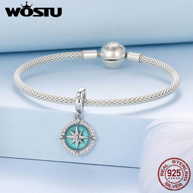 WOSTU 925 Sterling Silver Enamel Compass Pendant Charm For Women
