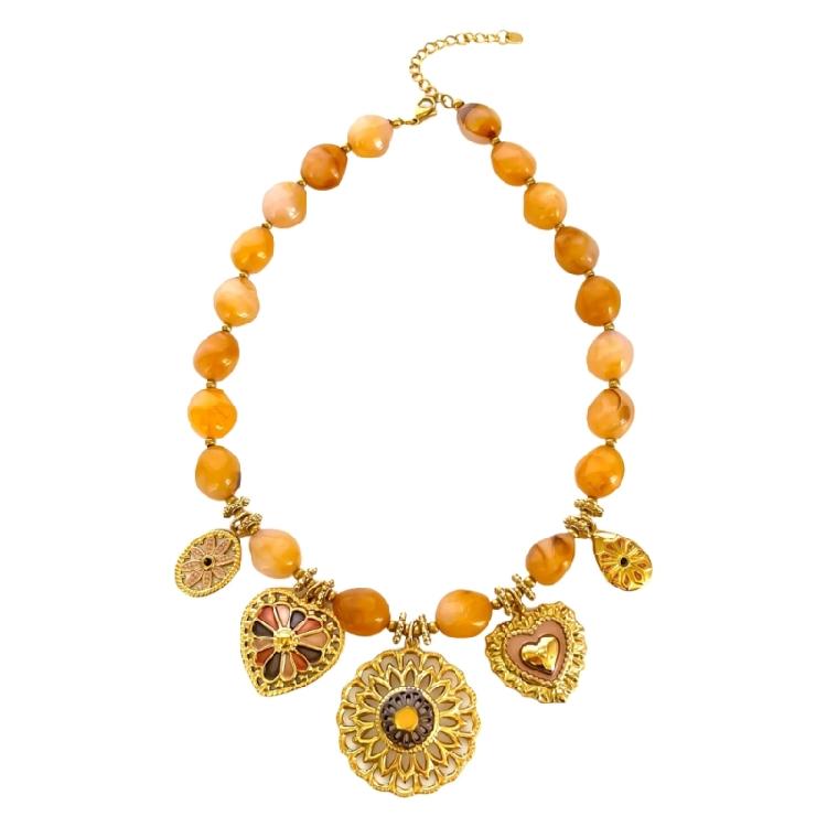 Trendy Floral Heart Accent Beaded Necklace Warm Amber Resin Bead And Stainless Steel Jewelry Clavicle Accessories 1