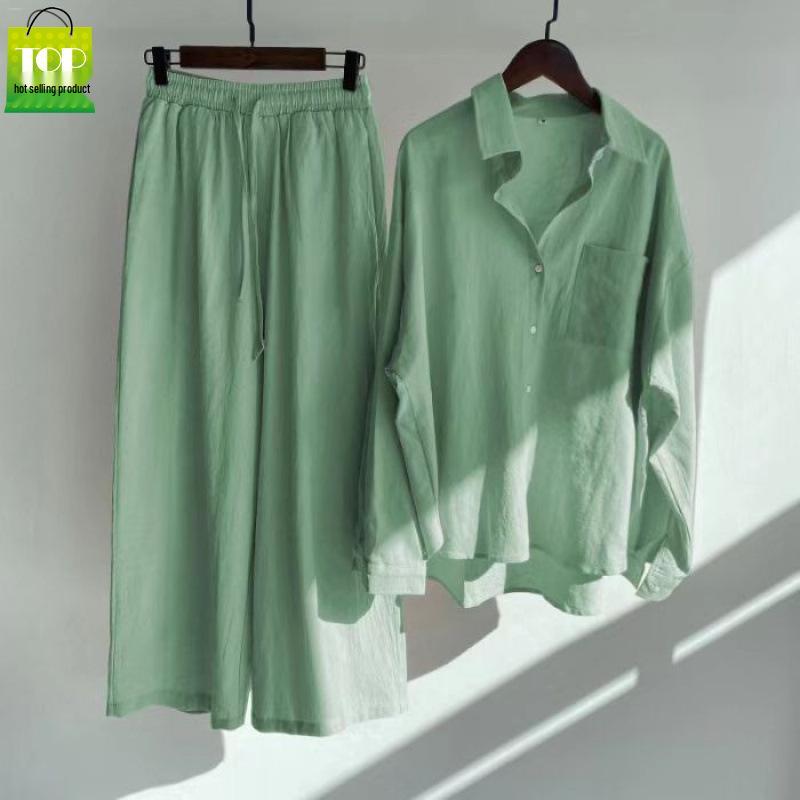 Women's Retro Plus Size Cotton Linen Shirt and High Waist Wide Leg Pants Two-Piece Set 2025