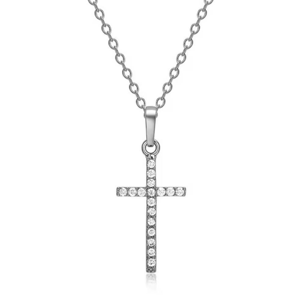 Fashion Rhinestone Cross Necklaces Silver Gold Color Long Chain Simple Pendants for Women Men Zircon Jewelry Gifts