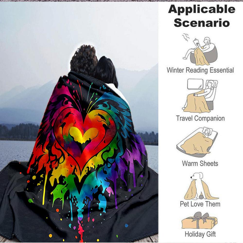1pc Heart Rainbow Lightweight Flannel Blanket, Comfortable and Warm Blanket, for Office and Camping Sofa Bed073