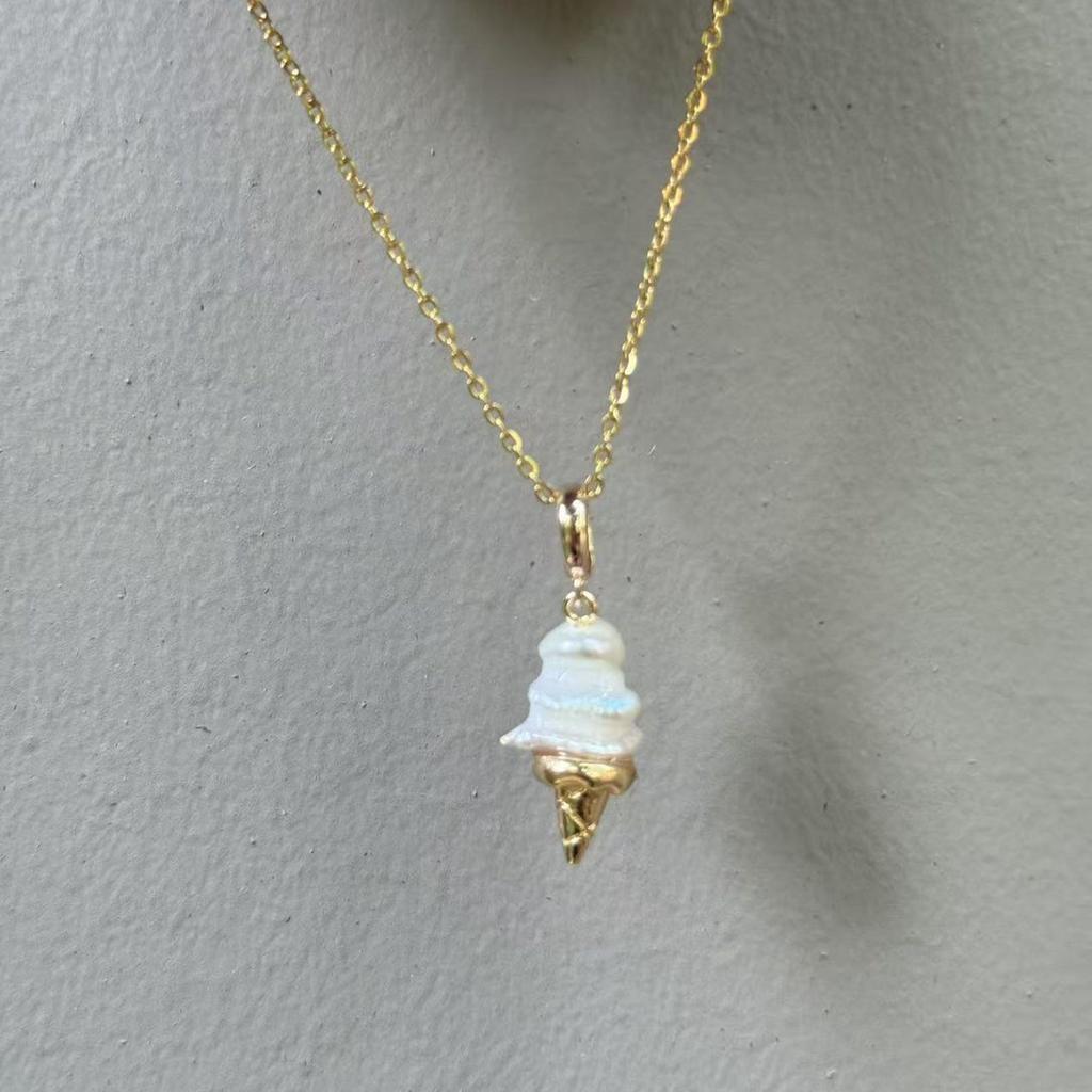Ice Cream Shape Necklace Imitation Pearl Diamond Sparkling Collarbone Chain Temperament Simple Jewelry Women
