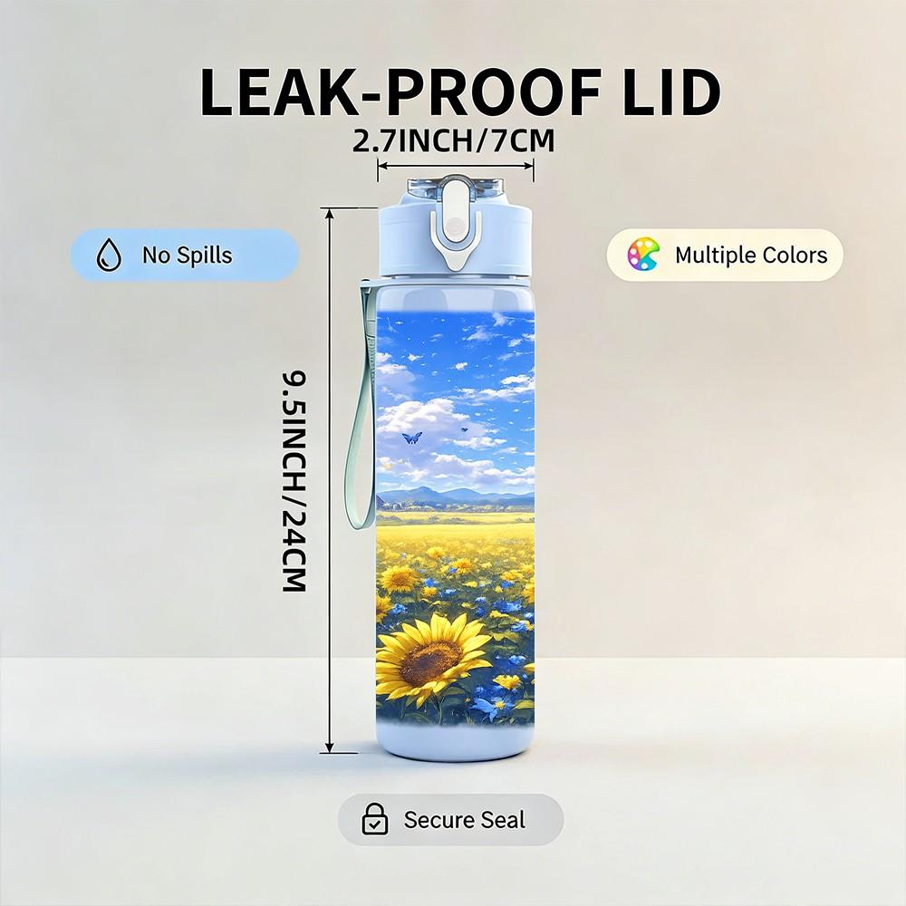 1PC Sunflower Blue Sky Countryside Print 750ml Color Plastic Sports Water Bottle Leakproof Flip Straw Lid Suitable for Sports Office Home Use