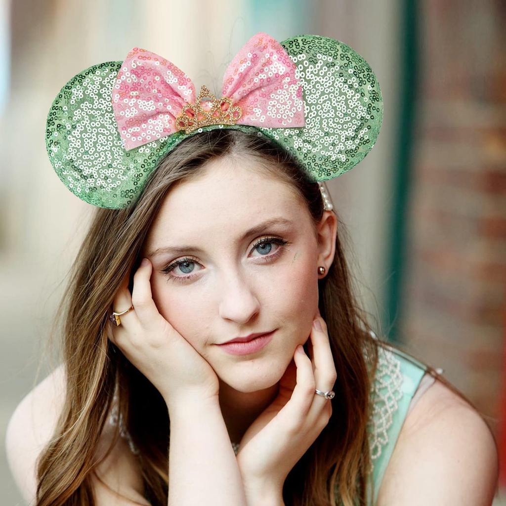 RAZKO Mouse Ear Headband, Sequined Green Mouse Ear Hairband, Animal Ear Headband for Women and Girls, Hair Accessories (Green Crown, Size L)