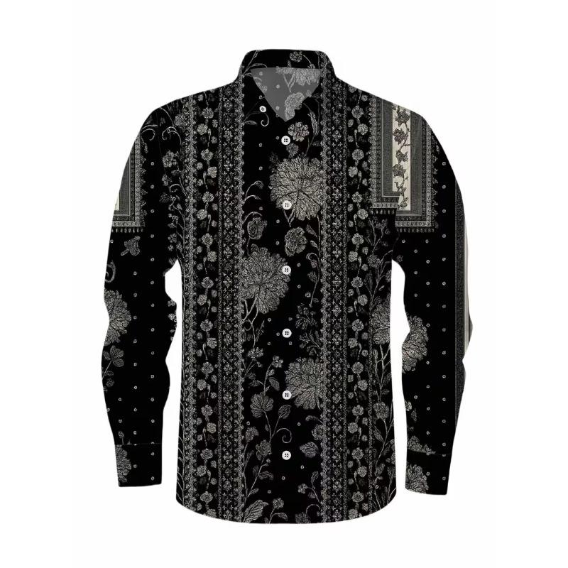 New Men's Long Sleeved Shirt with Casual Lines, Floral Retro Long Sleeved Shirt, Button Up Lapel Men's Shirt
